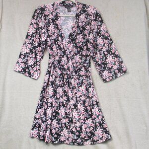 Rene Rofe Women's Black Pink Floral Sleepwear Open Robe Lightweight Size L
